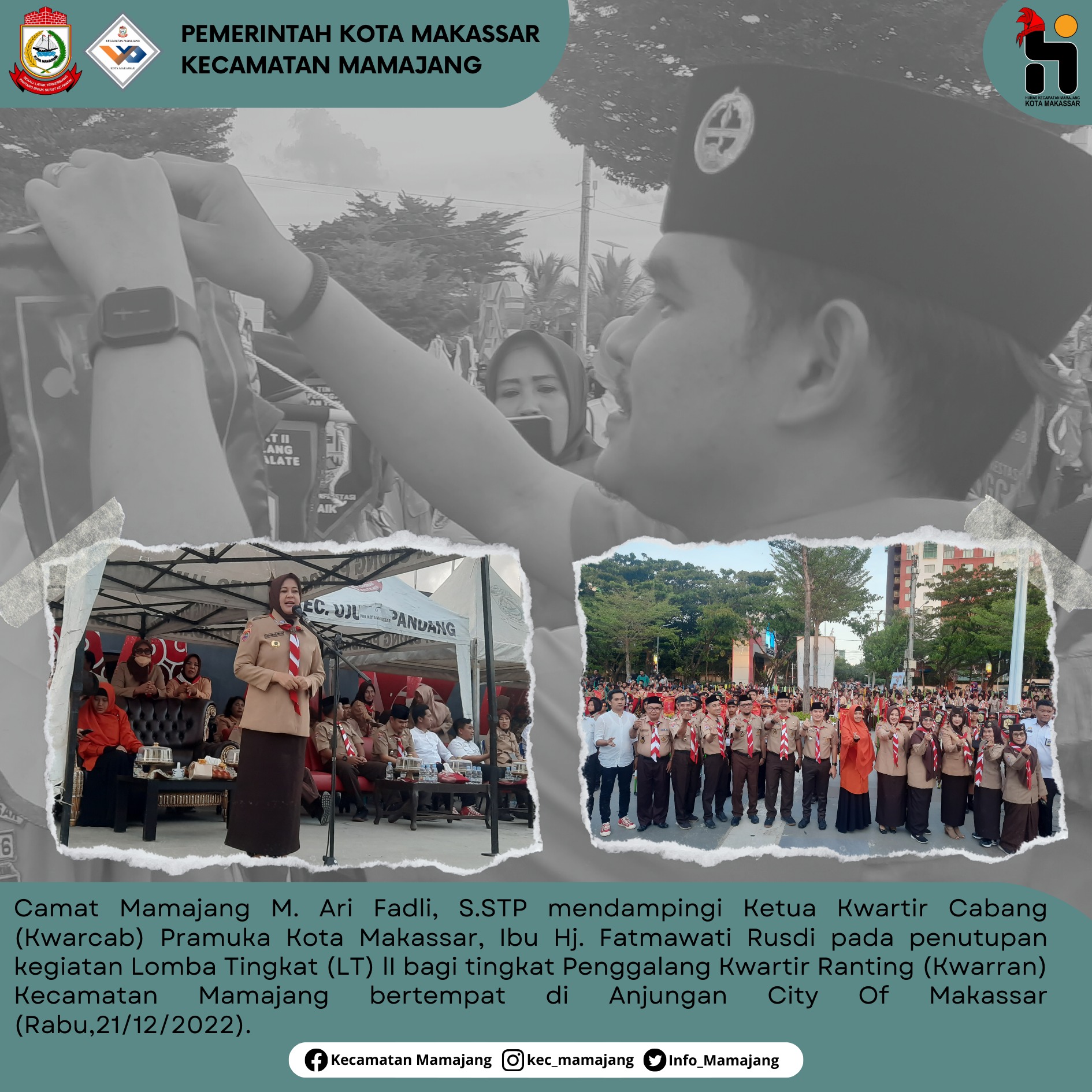 Gambar Camat Mamajang M. Ari Fadli, S.STP Hadiri penutupan kegiatan Lomba Tingkat (LT) lI bagi tingkat Penggalang Kwartir Ranting (Kwarran) Kecamatan Mamajang di Anjungan City Of Makassar