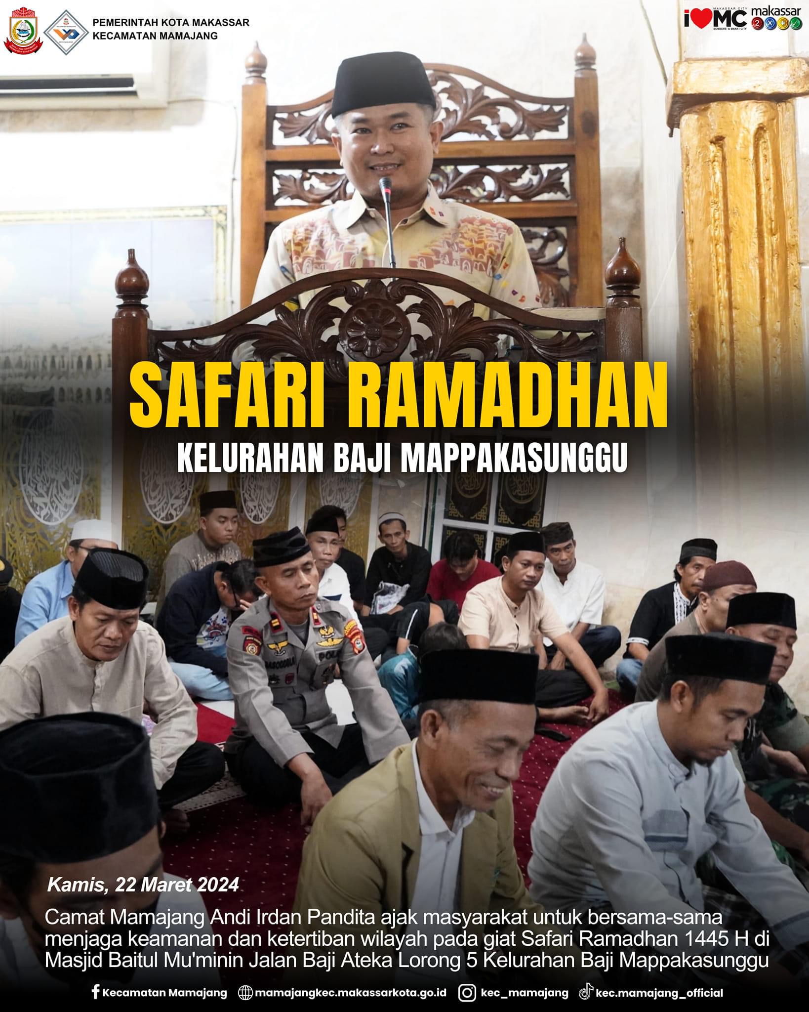 Gambar Camat Mamajang Andi Irdan Pandita ajak masyarakat untuk menjaga Kamtibmas pada giat Safari Ramadhan di Masjid Baitul Mu'minin.